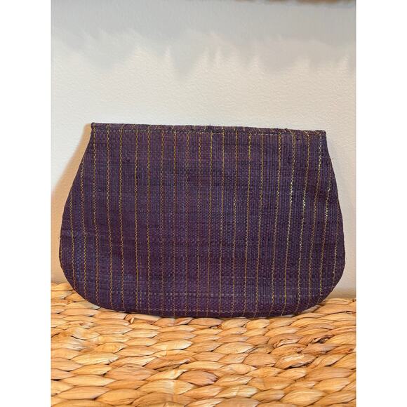 Mar y Sol Boho Dark Blue and Gold Raffia Clutch with Wood Design - Picture 2 of 8